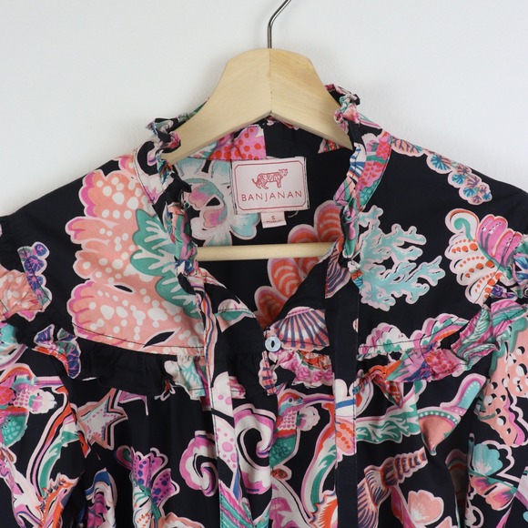 Banjanan Bethany Tie Neck Ruffle Top Small Rococo Fantasy Bird Print Black - Picture 4 of 8